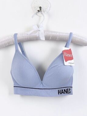 Hanes Blue Ribbed Seamless Wireless Contour Bra M